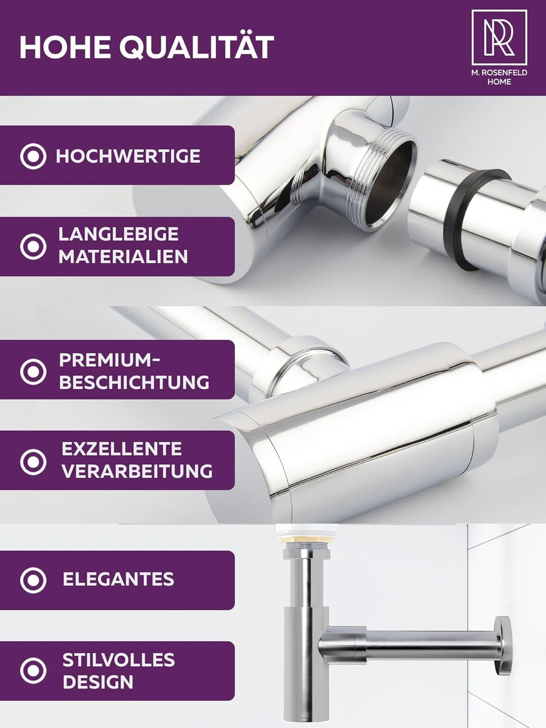 M. ROSENFELD HOME Design Siphon Waschbecken – Universeller Röhrensiphon 1 1/4" für Waschtisch, Geruc