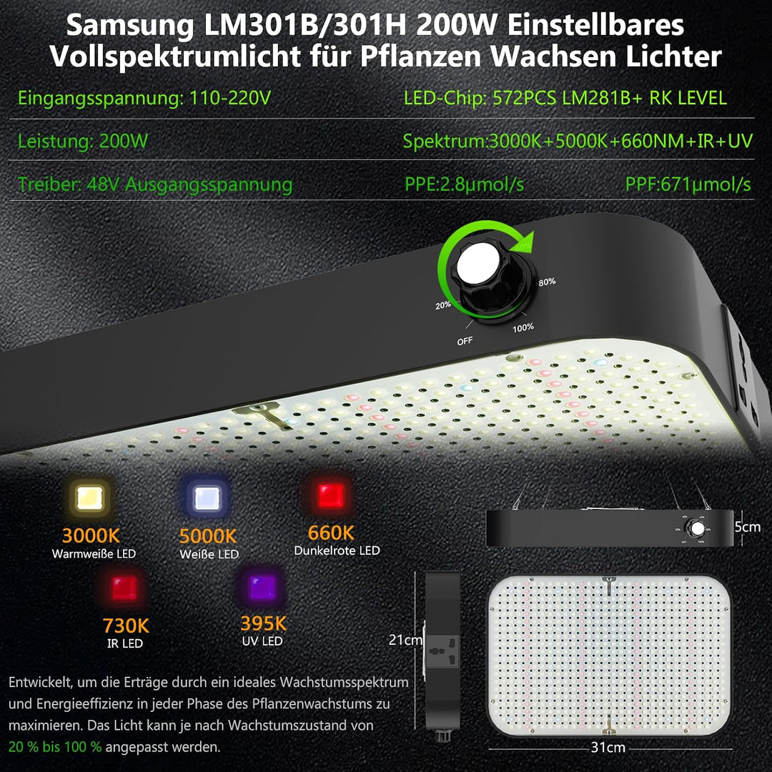 Growzelt Komplettset 120x120x200cm Grow Tent Kit mit 200W LED Vollspektrum Grow Lampe Dimmbar, GrowZ