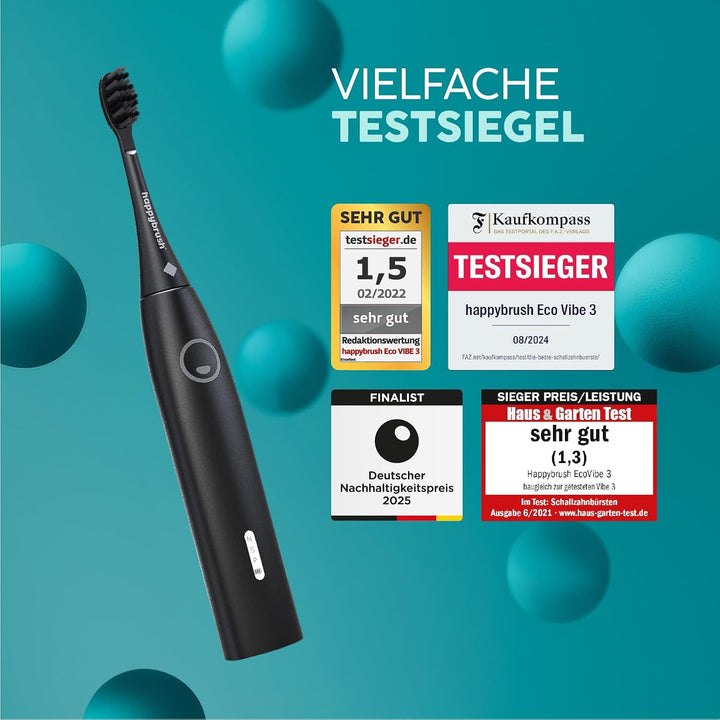 happybrush [Testsieger*] Elektrische Schallzahnbürste Eco VIBE 3 - Nachhaltige Zahnbürste mit 6 Woch