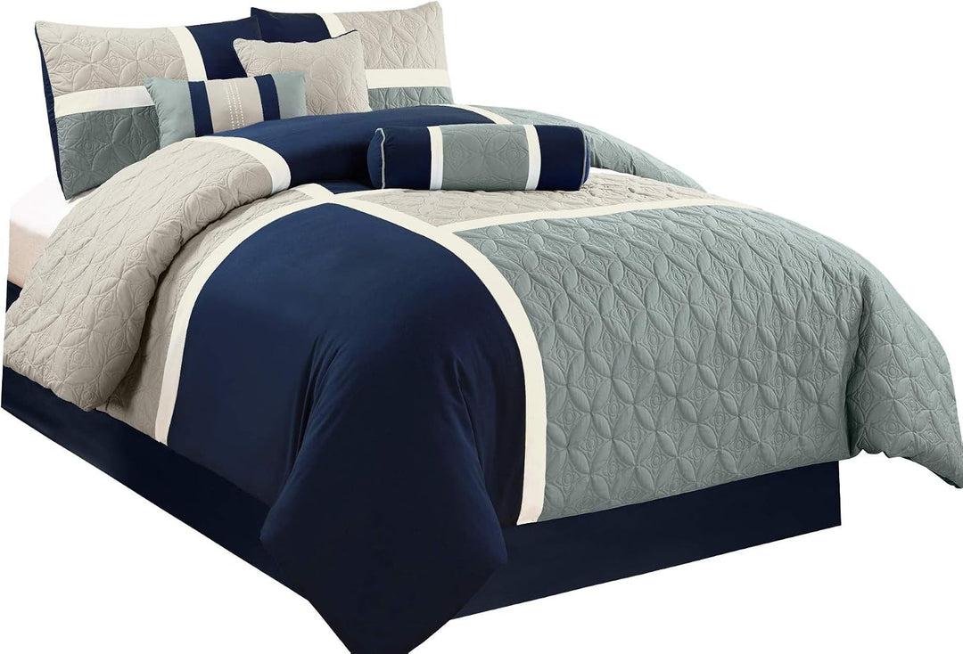 Chezmoi Collection Upland Steppdecken-Set, 7-teilig, Marineblau/Blau/Grau Full Marineblau/Blau/Grau,