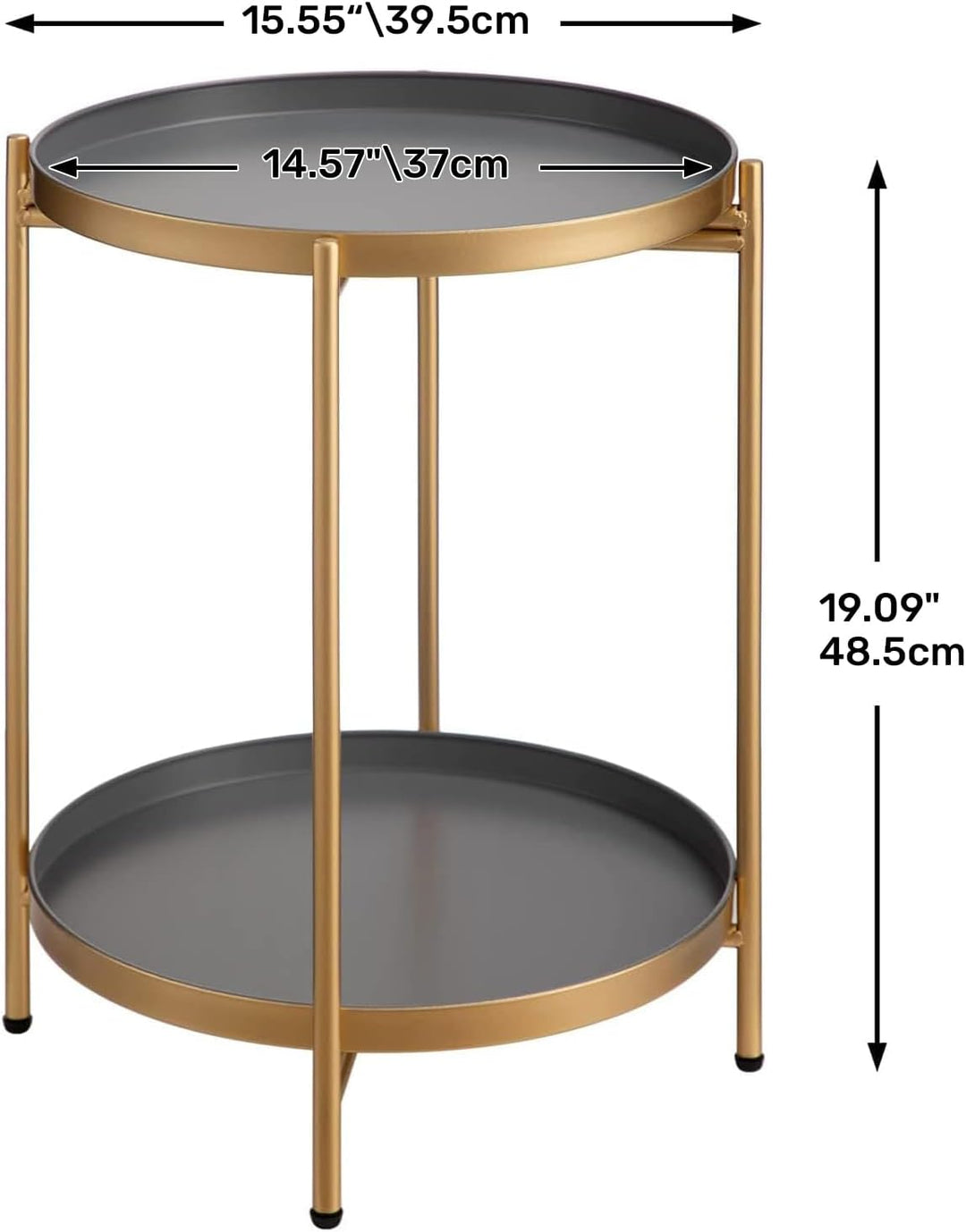 HollyHOME Rund Beistelltisch, 2 Ebenen Beistelltisch Metalltablett, Snacktisch, Balkontisch, Teetisc