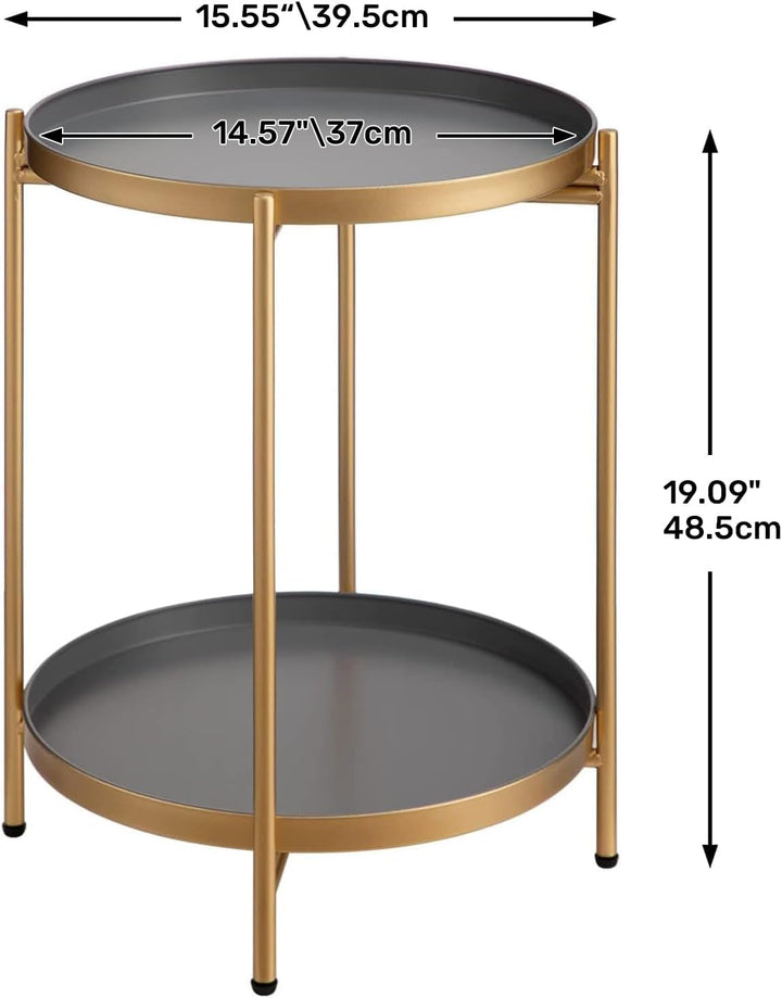 HollyHOME Rund Beistelltisch, 2 Ebenen Beistelltisch Metalltablett, Snacktisch, Balkontisch, Teetisc