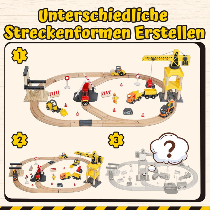 Lehoo Castle Holzeisenbahn, 68 Pcs Eisenbahn Holz mit Kran Spielzeug, Eisenbahn Kinder Elektrisch, B