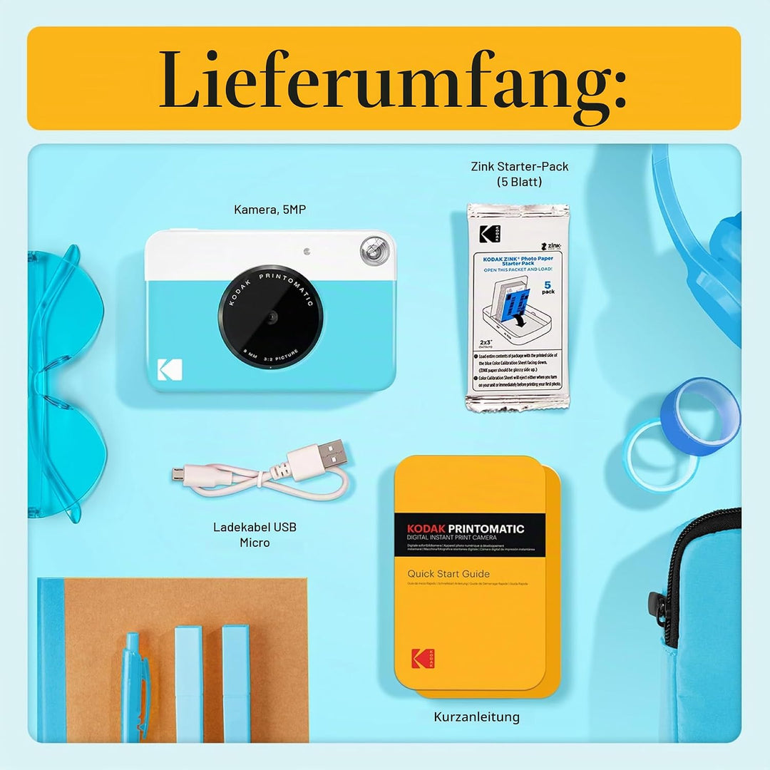 KODAK PRINTOMATIC Digitale Sofortbildkamera, Vollfarbdrucke auf Zink 2x3-Fotopapier mit Sticky-Back-