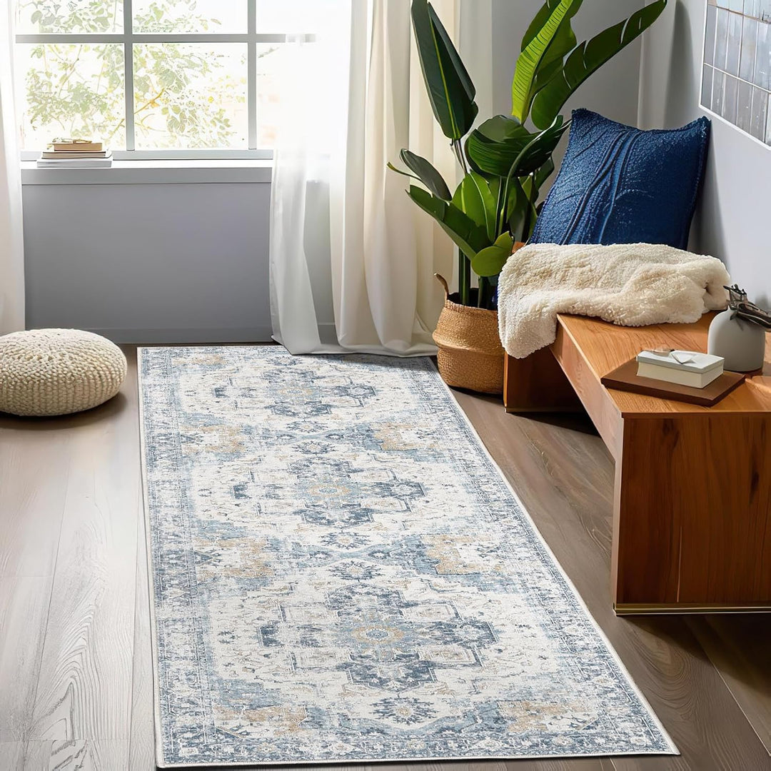 TOPICK Blau Läufer 60x300cm Flur Floral Teppich Waschbar Superdünne Vintage Blumenteppich Kurzflor O