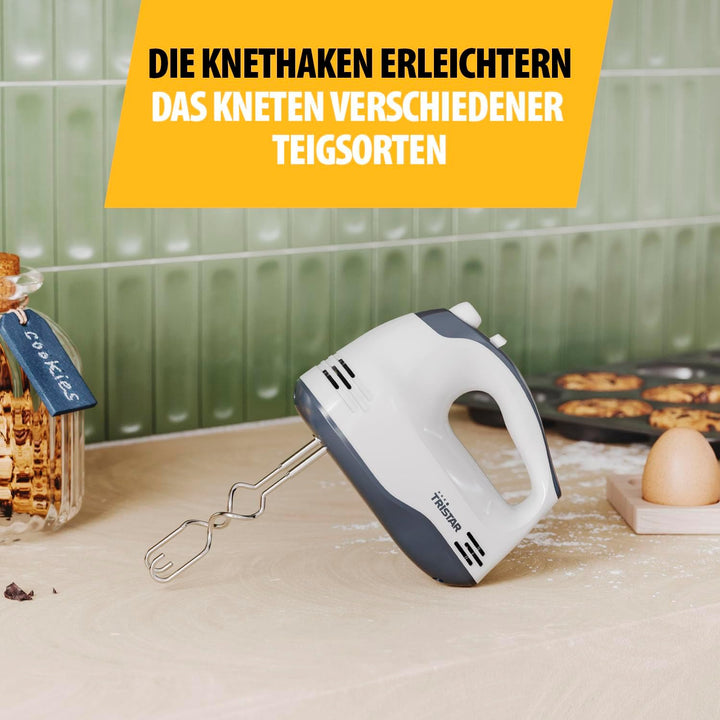 Tristar Handmixer, 5 Geschwindigkeitsstufen, 200W, Ergonomisch, Edelstahl-Rührbesen und Knethaken, S