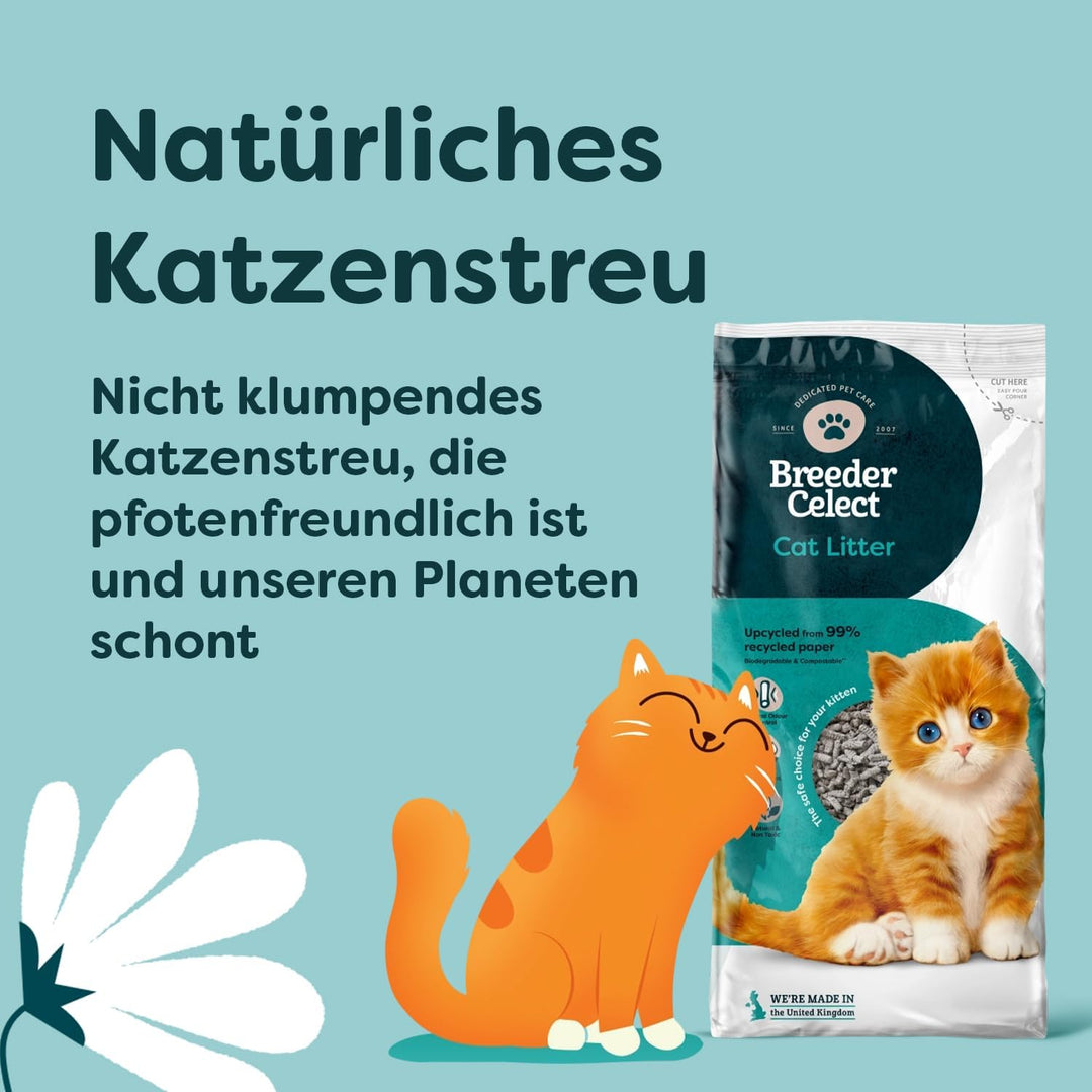 Breeder Celect Natürliches Katzenstreu (30L) - 99% Recyclingpapier, Saugfähige Katzenstreu Pellets,