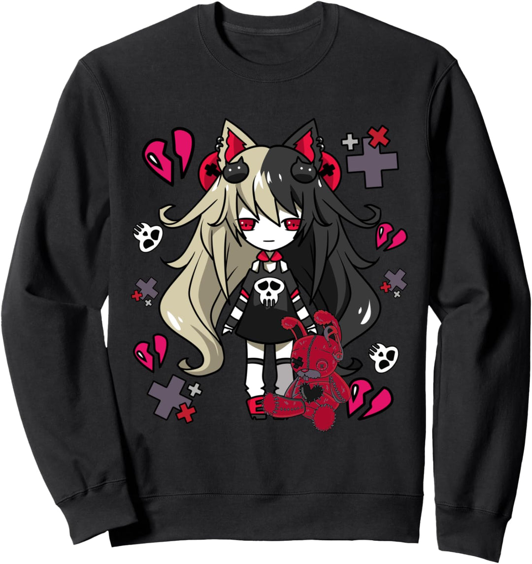 Chibi Kawaii Emo Pastell Goth Mädchen mit traurigen Hasen Sweatshirt