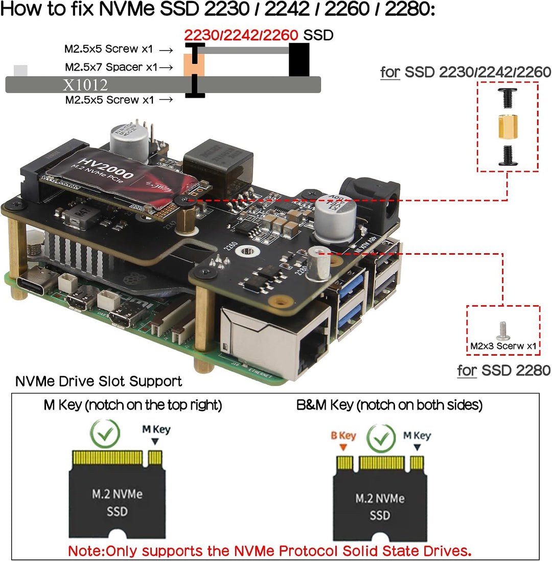 Geekworm X1012 PCIe to M.2 NVMe SSD HAT Support PoE for Raspberry Pi 5 | PoE Power Input (802.3af/at