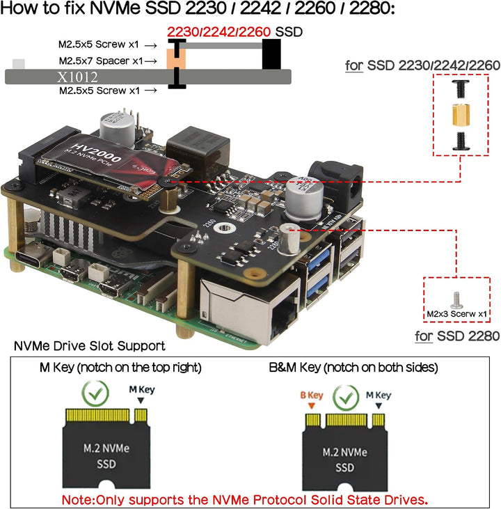 Geekworm X1012 PCIe to M.2 NVMe SSD HAT Support PoE for Raspberry Pi 5 | PoE Power Input (802.3af/at