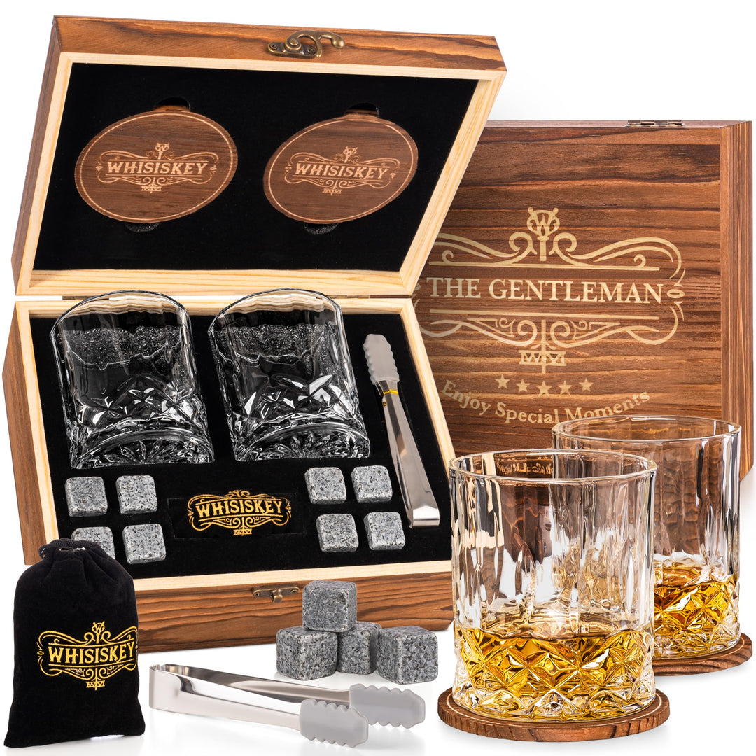 Whisiskey - Whisky Gläser Set - Whiskey Zubehör Set - 4 Whisky Steine - Whiskygläser - Geschenke für
