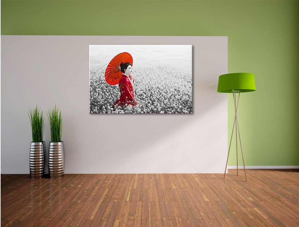 Pixxprint Geisha auf dem Feld / 100x70cm Leinwandbild bespannt auf Holzrahmen/Wandbild Kunstdruck De
