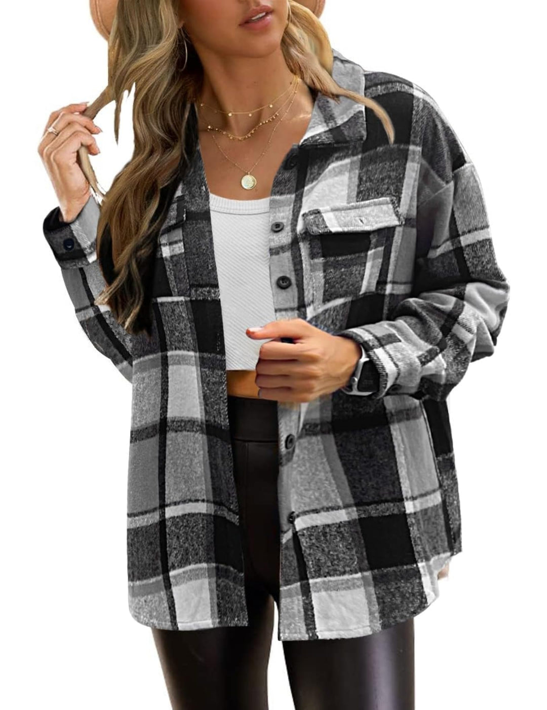 Zeagoo Damen Hemdjacke Karierte Flanellhemd Langarm Loose Shacket Flanell Bluse Jacke mit Knöpfen Üb