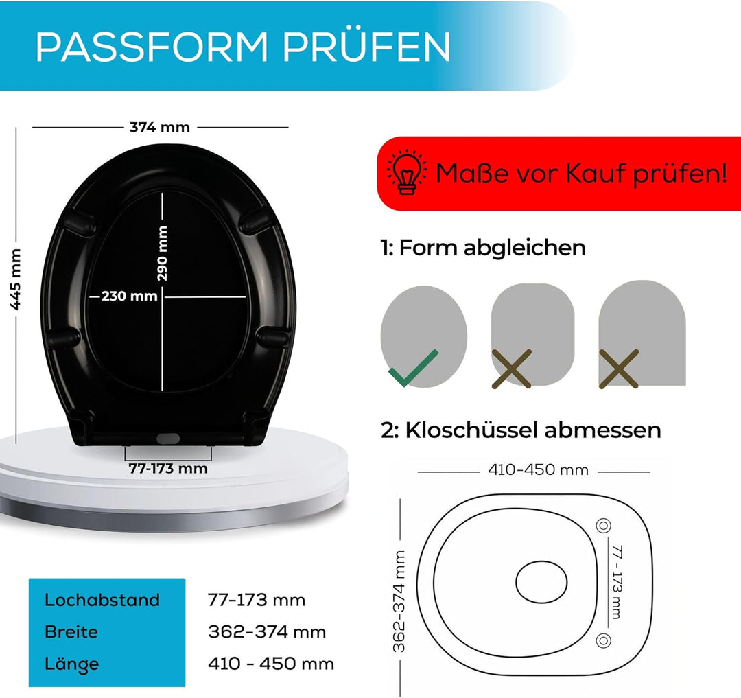 Toilettendeckel schwarz mit Absenkautomatik, WC Sitz Oval Duroplast mit Softclose, stabilen Edelstah