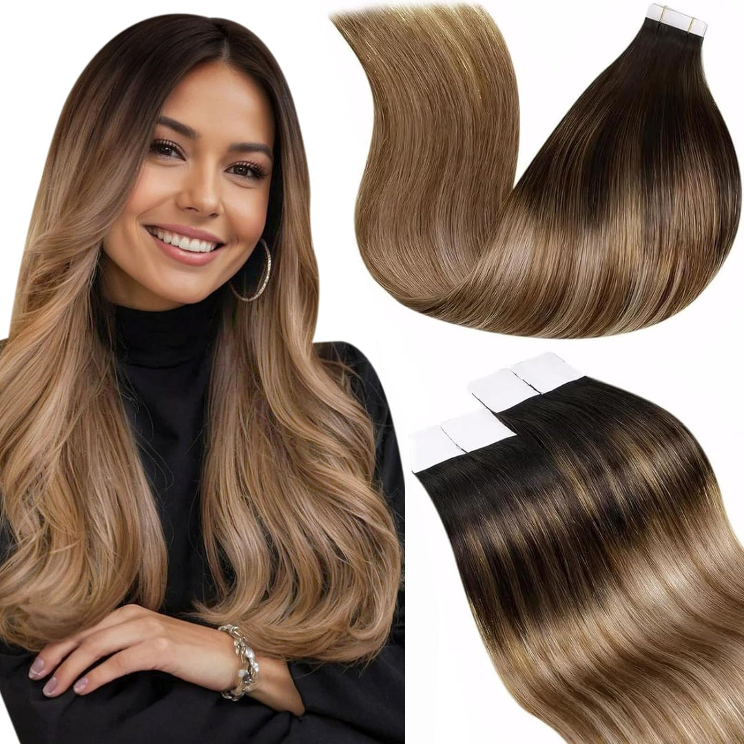 LaaVoo Tape Extensions Echthaar 40cm Dunkel Braun Balayage Mittel Braun Ombre Hell Goldbraun Remy Ta