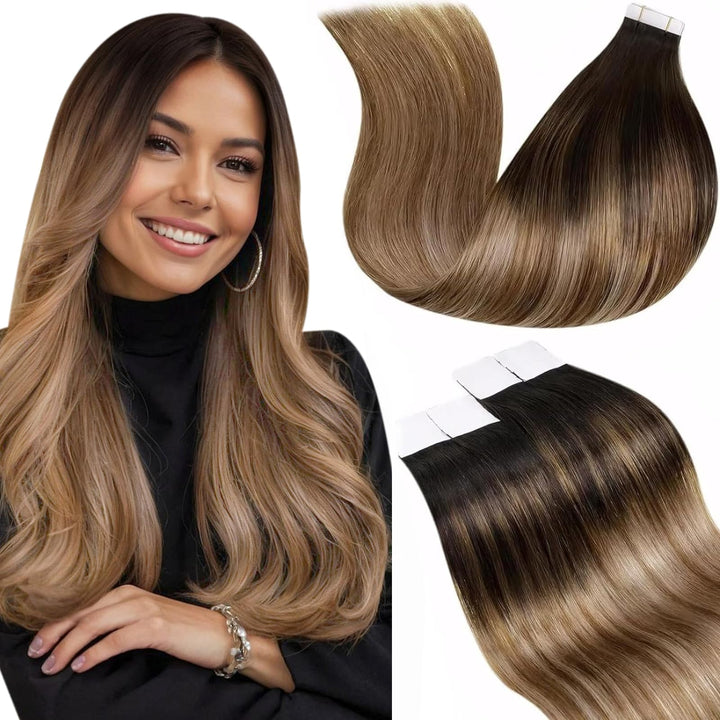 LaaVoo Tape Extensions Echthaar 40cm Dunkel Braun Balayage Mittel Braun Ombre Hell Goldbraun Remy Ta