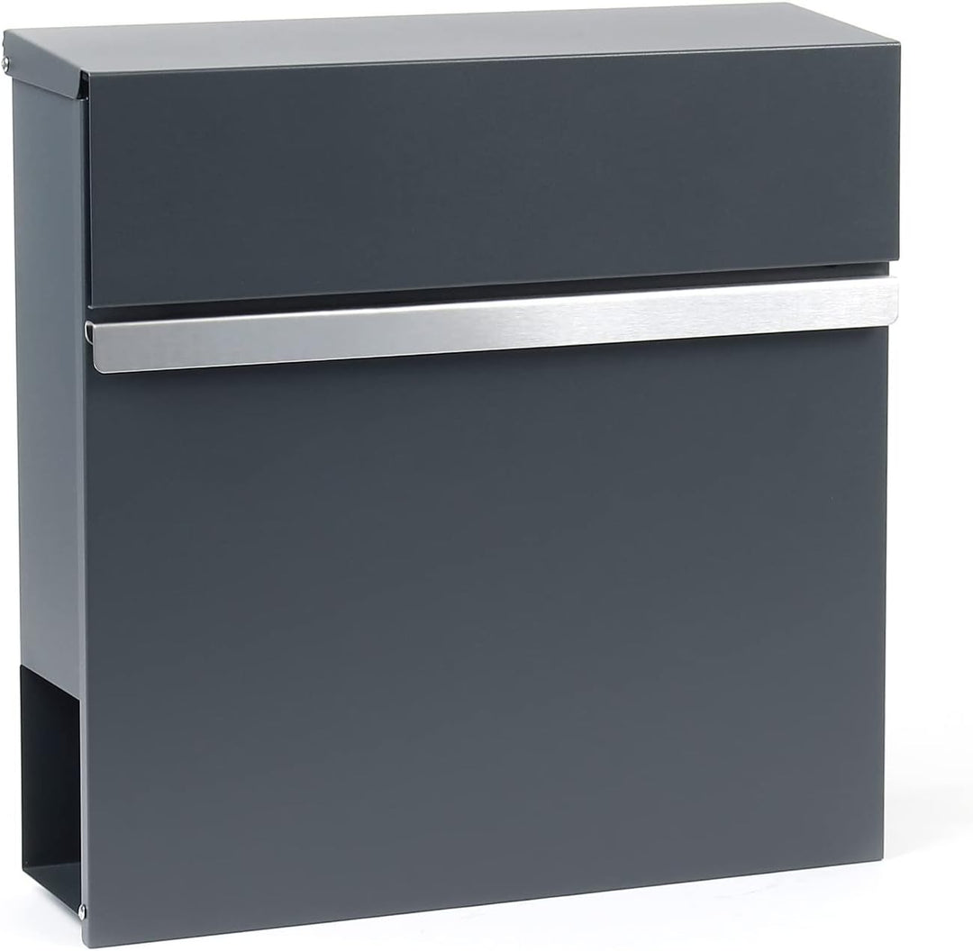 Wiltec Designer Briefkasten V50 Anthrazit und Edelstahl 370 x 105 x 370 mm, Wandbriefkasten mit Schl