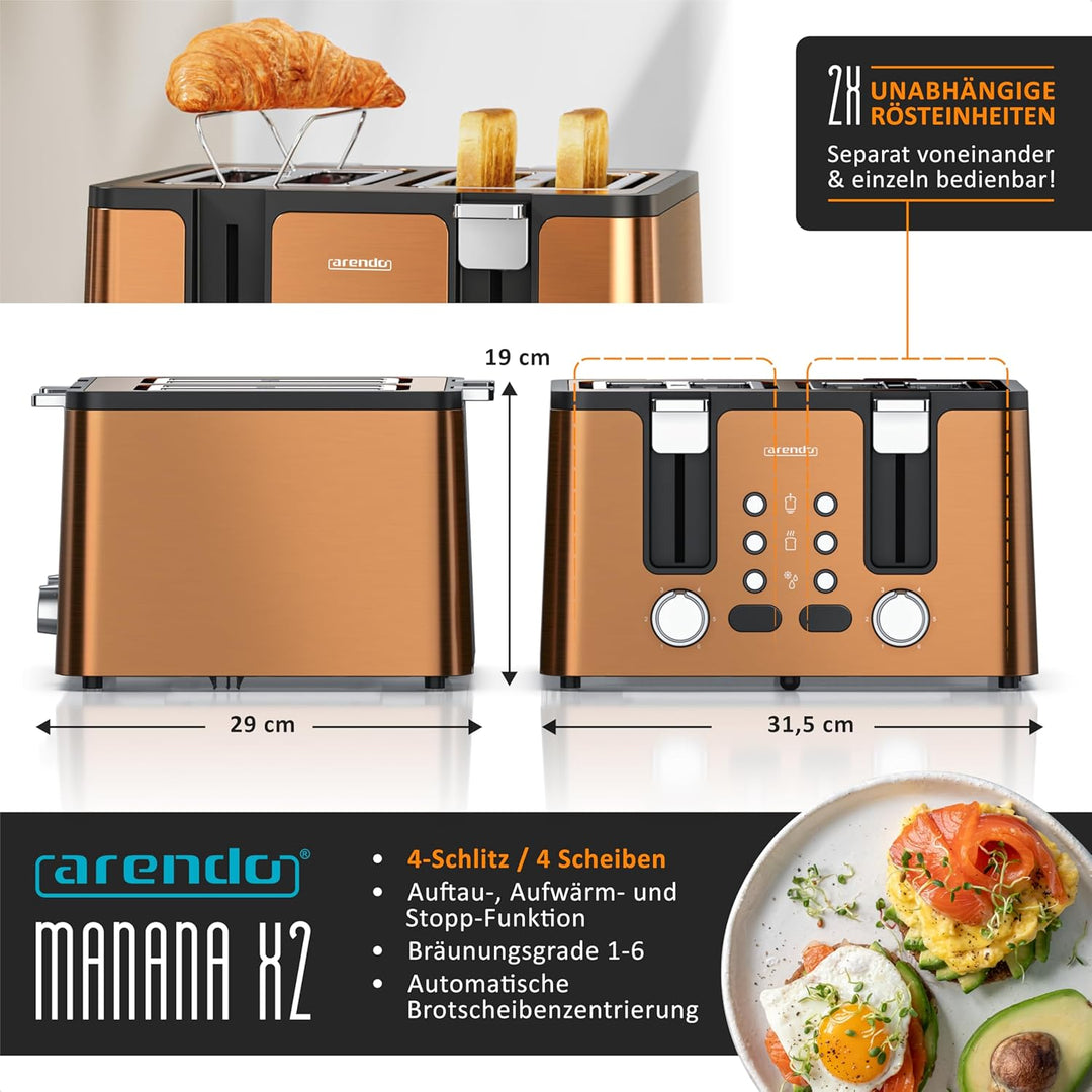 Arendo - Toaster 4 Scheiben Edelstahl - mit Brötchenaufsatz - LED Anzeige Restzeitanzeige – Doppelwa