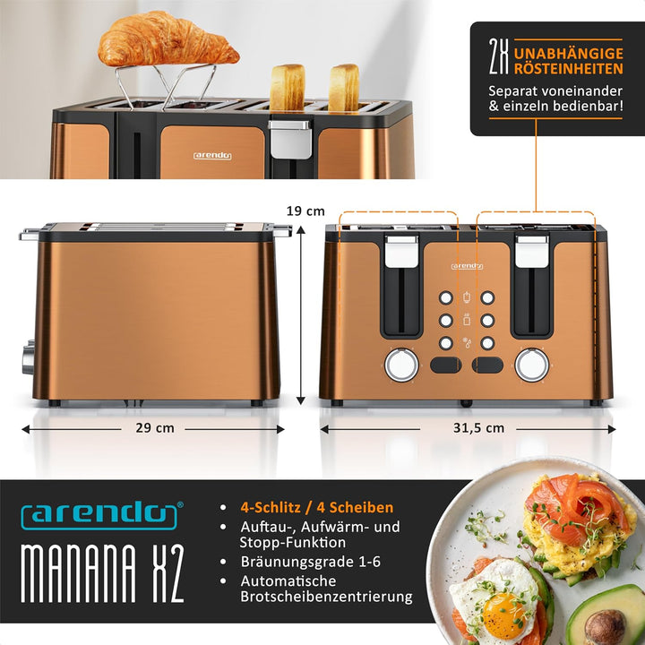 Arendo - Toaster 4 Scheiben Edelstahl - mit Brötchenaufsatz - LED Anzeige Restzeitanzeige – Doppelwa
