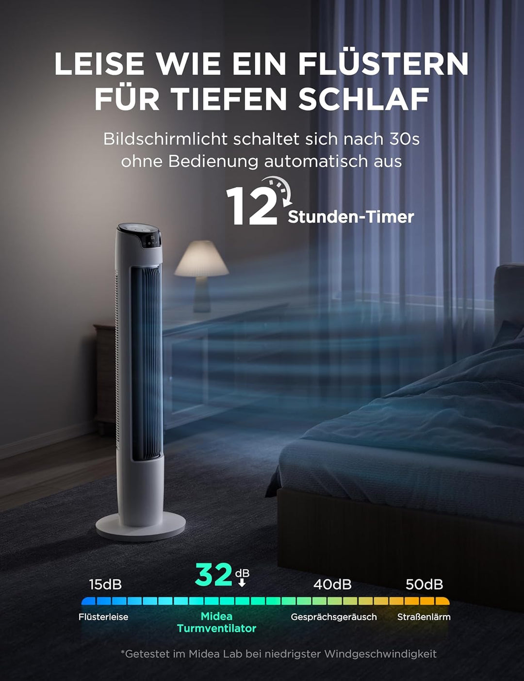Midea FZ10-16AR Turmventilator mit Fernbedienung 110 cm,Standventilator mit Oszilation 60°,6 Geschwi