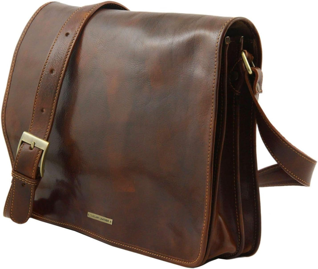 Tuscany Leather Messenger double Tasche mit Laptopfach aus Leder Braun, Braun