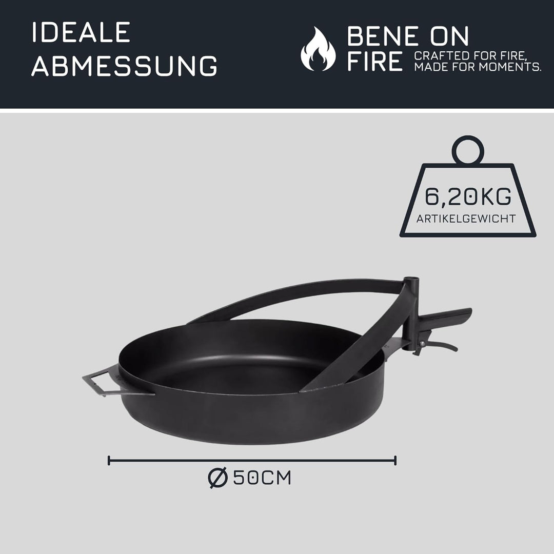 BENE ON FIRE Feuerschalen Grillpfanne Ø 50 cm mit Griff | Stahlpfanne schwarz 6,2 kg hitzebeständig