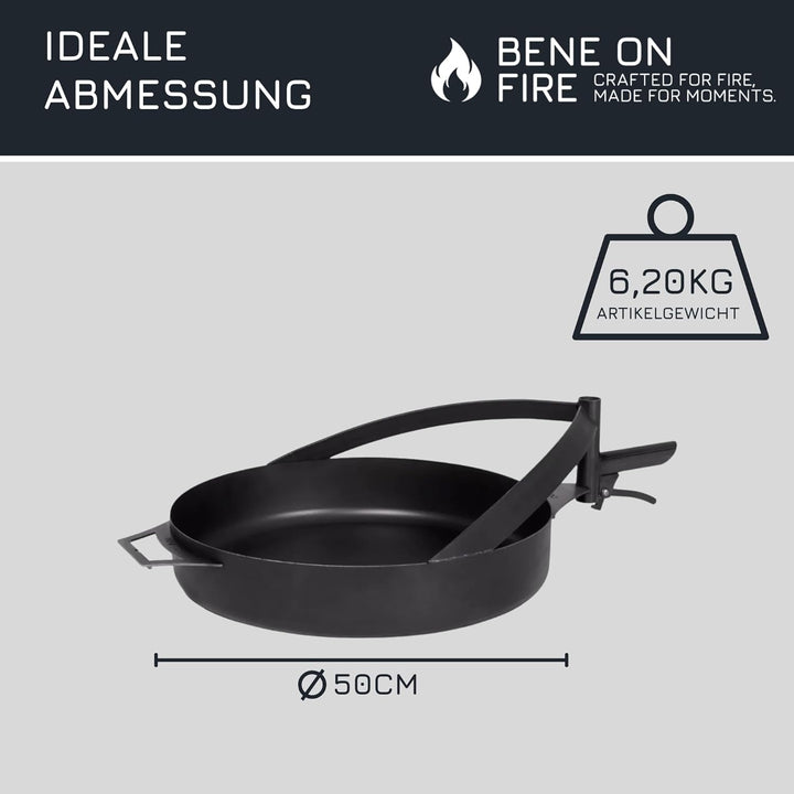 BENE ON FIRE Feuerschalen Grillpfanne Ø 50 cm mit Griff | Stahlpfanne schwarz 6,2 kg hitzebeständig