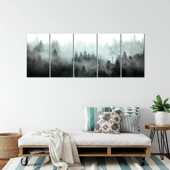 Runa Art Wandbild XXL Wald Natur Wohnzimmer Schlafzimmer 200 x 80 cm Türkis Grau 5 Teilig - Made in