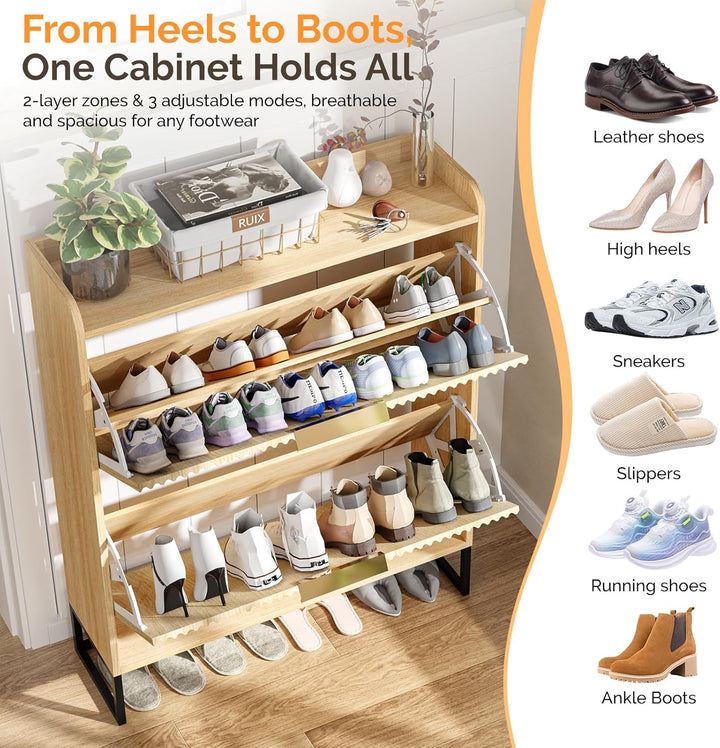 Bonnlo Schuhschrank mit 2 Klappen, Schuhregal mit geriffelte Türen, Schuhkipper Schmal, Schuhaufbewa