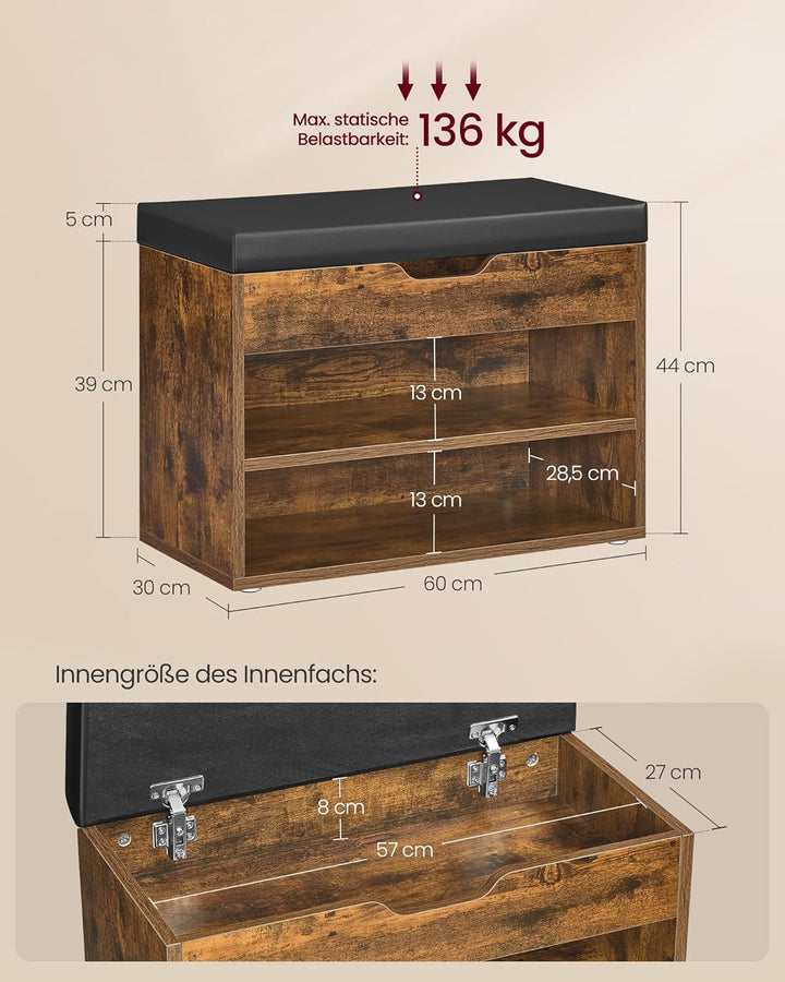 VASAGLE Schuhbank, Sitzbank, Schuhregal mit gepolstertem Kissen, Schuhorganizer mit 3 Ebenen, 30 x 6