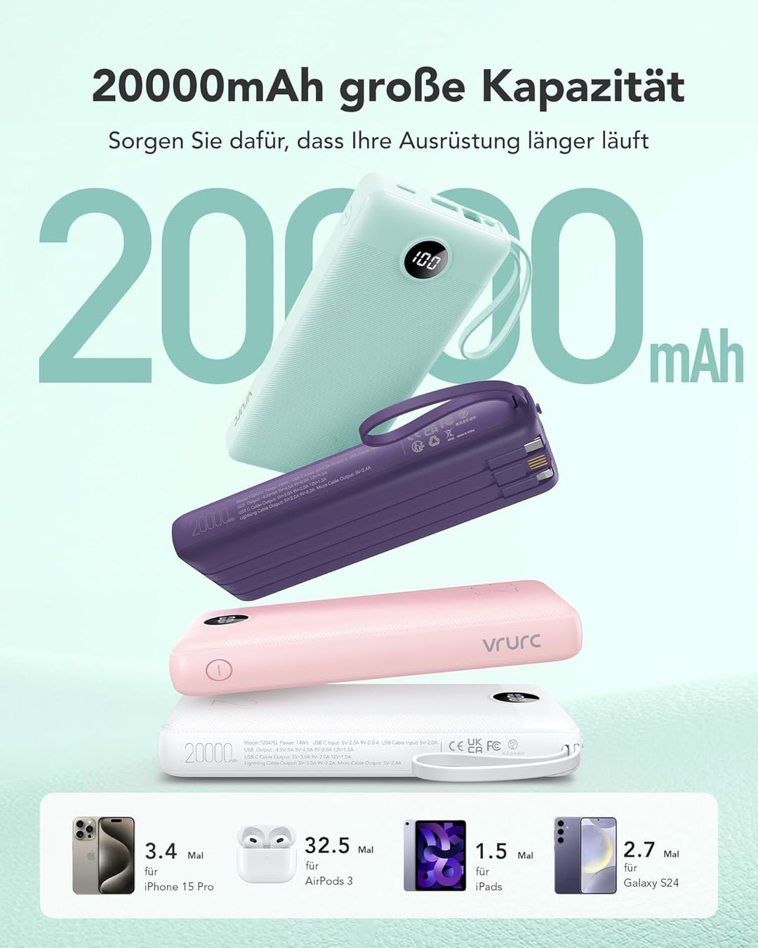 VRURC Powerbank, Power Bank 20000mAh mit Kabel USB C Schnelles Aufladen 22.5W Tragbares Ladegerät Fa