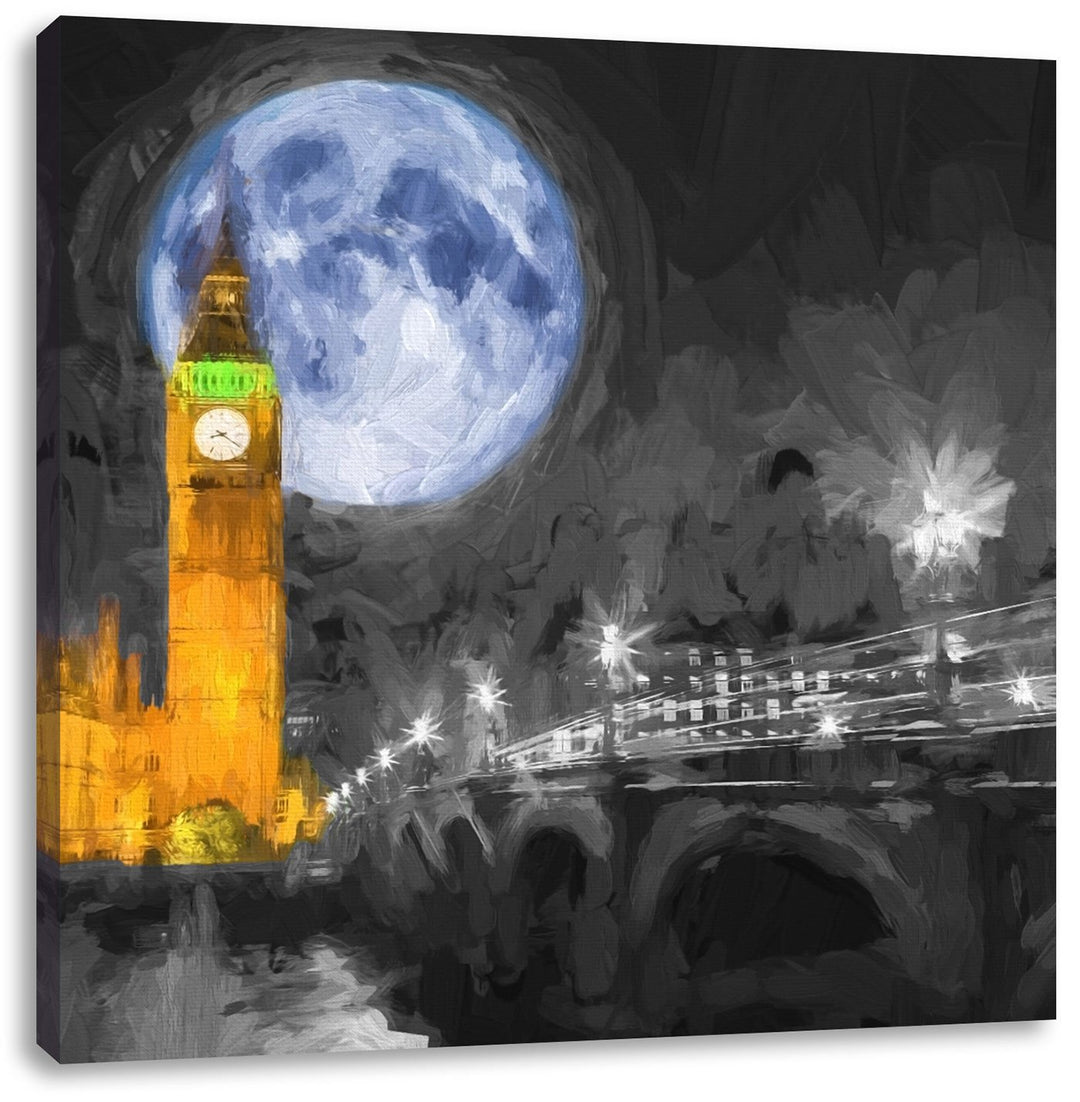 Pixxprint Big Ben vor Vollmond als Leinwandbild/Grösse: 70x70 cm/Wandbild/Kunstdruck/fertig bespannt