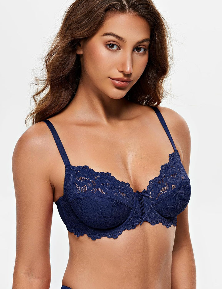 Wingslove Damen BH aus floraler Spitze Lace BH Bügel BH Ungepolstert Soft Cup Vollschalen 70B Indigo