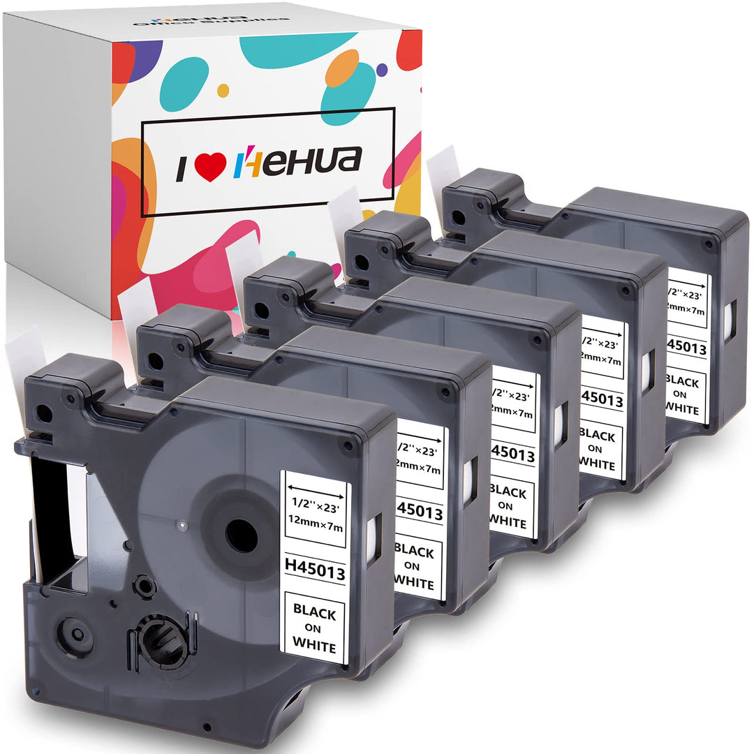5x Hehua D1-Etikettenband Ersatz für Dymo d1 45013 12mm x 7m, Schwarz auf weiss 45013s S0720530 Etik