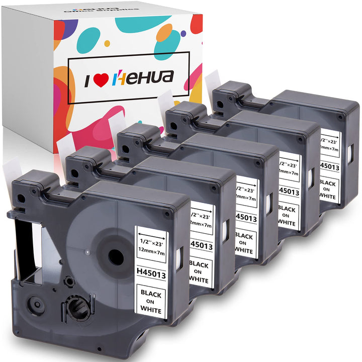 5x Hehua D1-Etikettenband Ersatz für Dymo d1 45013 12mm x 7m, Schwarz auf weiss 45013s S0720530 Etik