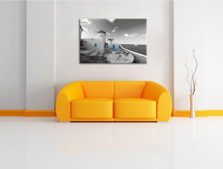 süsse Windmühlen im Mittelmeer schwarz/weiss Format: 100x70 auf Leinwand, XXL riesige Bilder fertig