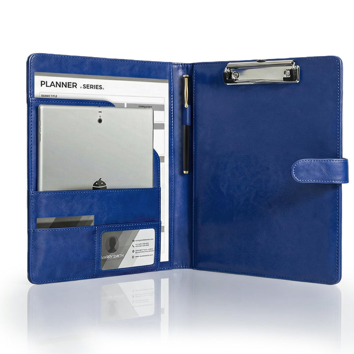 Klemmbrettmappe A4 aus PU-Leder, Magnetische Faltbare Clipboard Schreibmappe mit Deckel, Stiftehalte