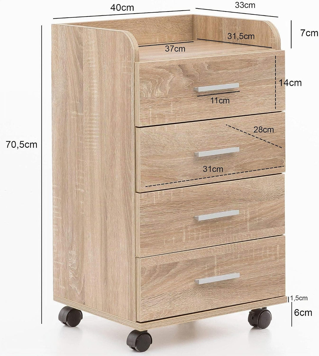 Wohnling Rollcontainer 40x33x70,5 cm Sonoma mit 4 Schubladen | Schreibtisch-Container mit Rollen, Ro