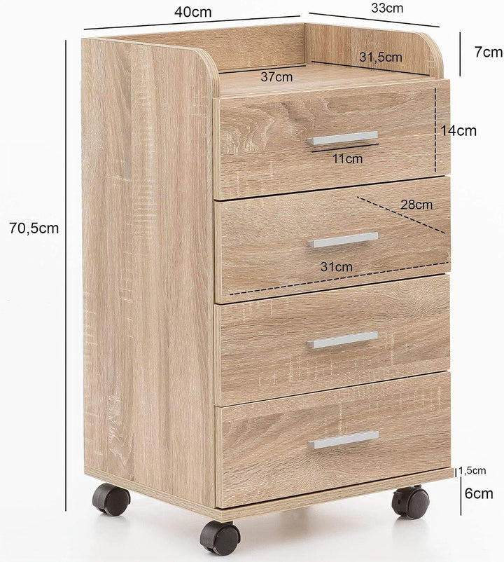 Wohnling Rollcontainer 40x33x70,5 cm Sonoma mit 4 Schubladen | Schreibtisch-Container mit Rollen, Ro