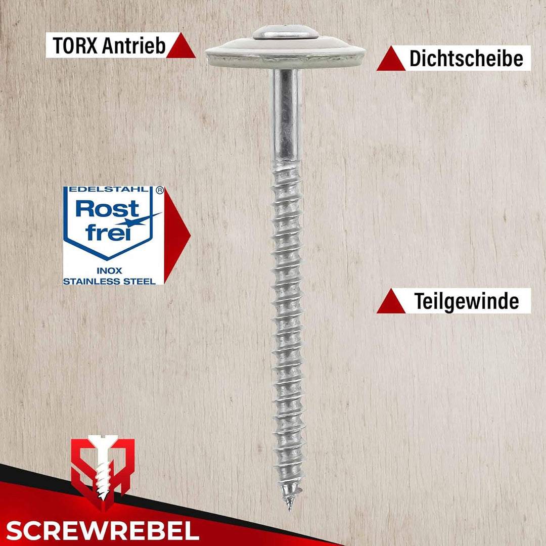 SCREW REBEL Spenglerschrauben 4,5 x 20 mm - Edelstahl A2 mit EPDM-Dichtscheibe Ø20mm - TX20, 100 Stü