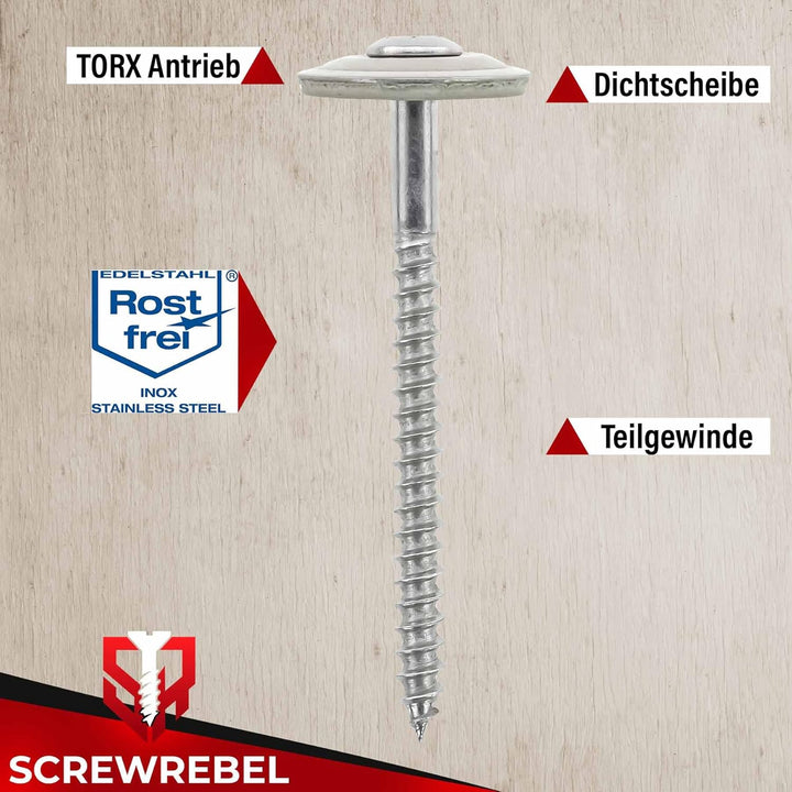 SCREW REBEL Spenglerschrauben 4,5 x 20 mm - Edelstahl A2 mit EPDM-Dichtscheibe Ø20mm - TX20, 100 Stü