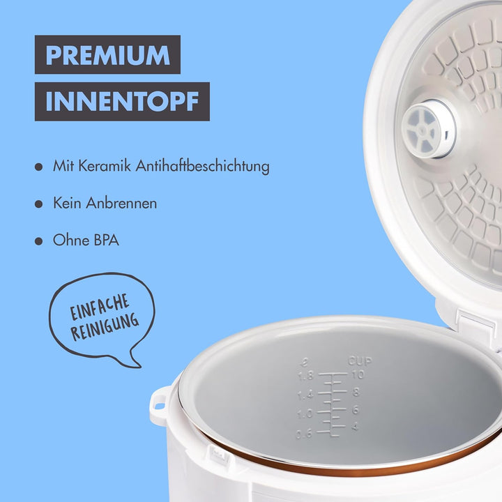 REISHUNGER Reiskocher & Dampfgarer mit Keramikbeschichtung, Weiss, 1,8L - bis zu 10 Portionen - Schn