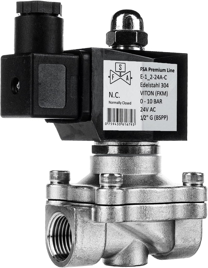 FSA Magnetventil Edelstahl 304 1/2" 24V AC 0-10 bar Viton stromlos geschlossen, 1/2" 24v Ac