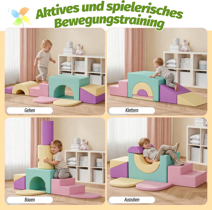 Xilingol 7 TLG.Schaumstoff Bausteine Kinder,Wasserfeste Softbausteine aus PU mit Tunne,Treppe &amp; Ramp
