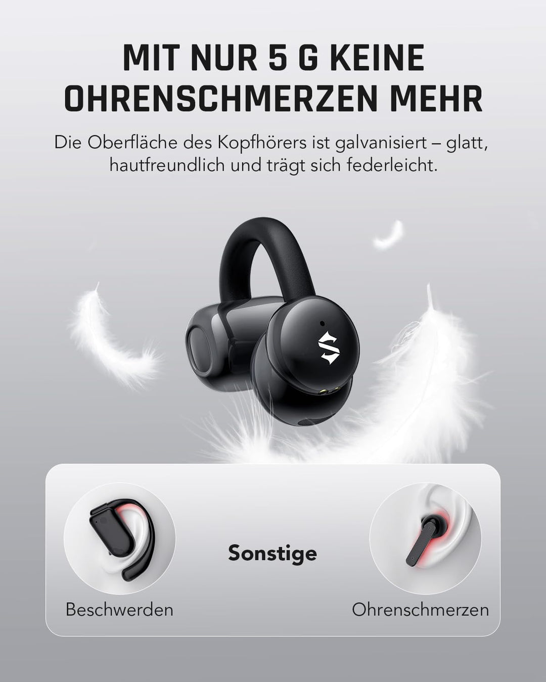 Black Shark T19 Open Ear Kopfhörer Kabellos Bluetooth Clip On Ohrhörer, 5g Leicht komfortabel, Adapt