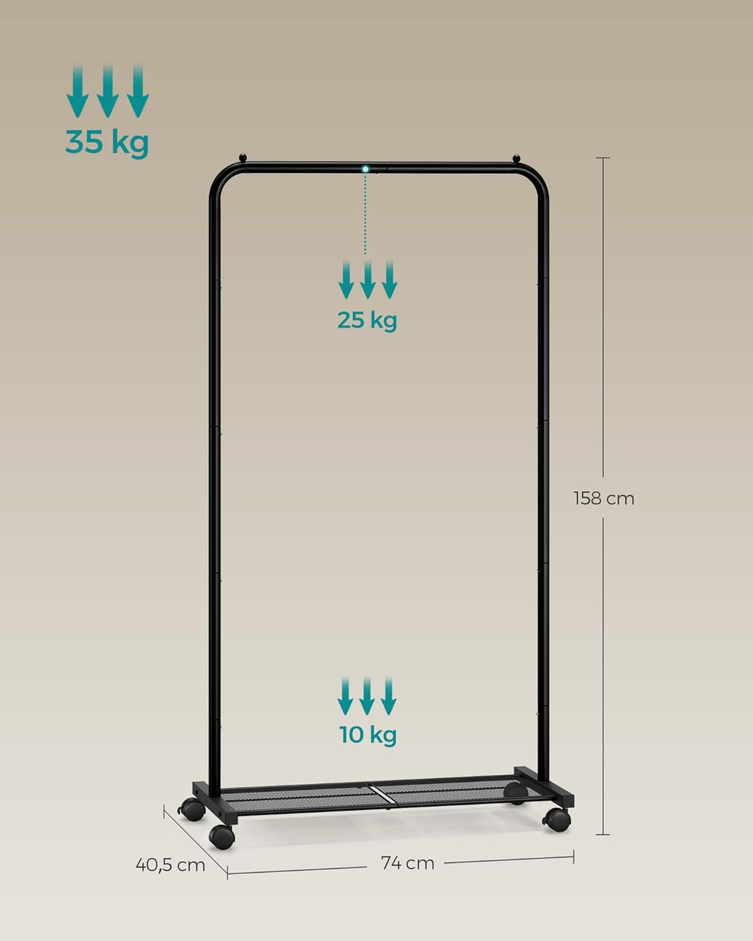 SONGMICS Kleiderständer, Kleiderstange auf Rollen, Garderobenständer 74 cm breit, Rollgarderobe mit