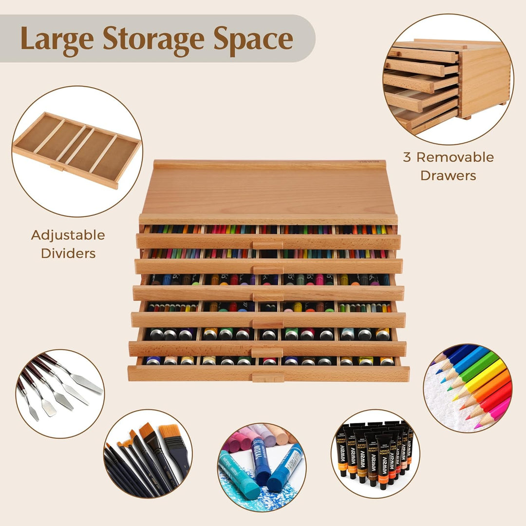 VISWIN 6-Schublade Holz Künstler Supply Storage Box mit abnehmbaren Trennwänden, Premium Buche Holz