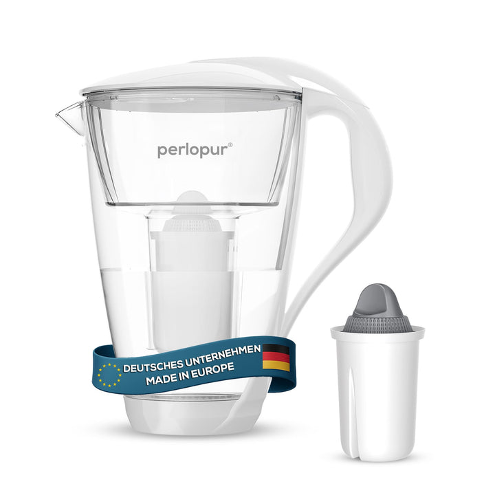 GLAS-Wasserfilter PearlCo (weiss) mit 1 Protect+ classic Filterkartusche (f. hartes Wasser) - Made i