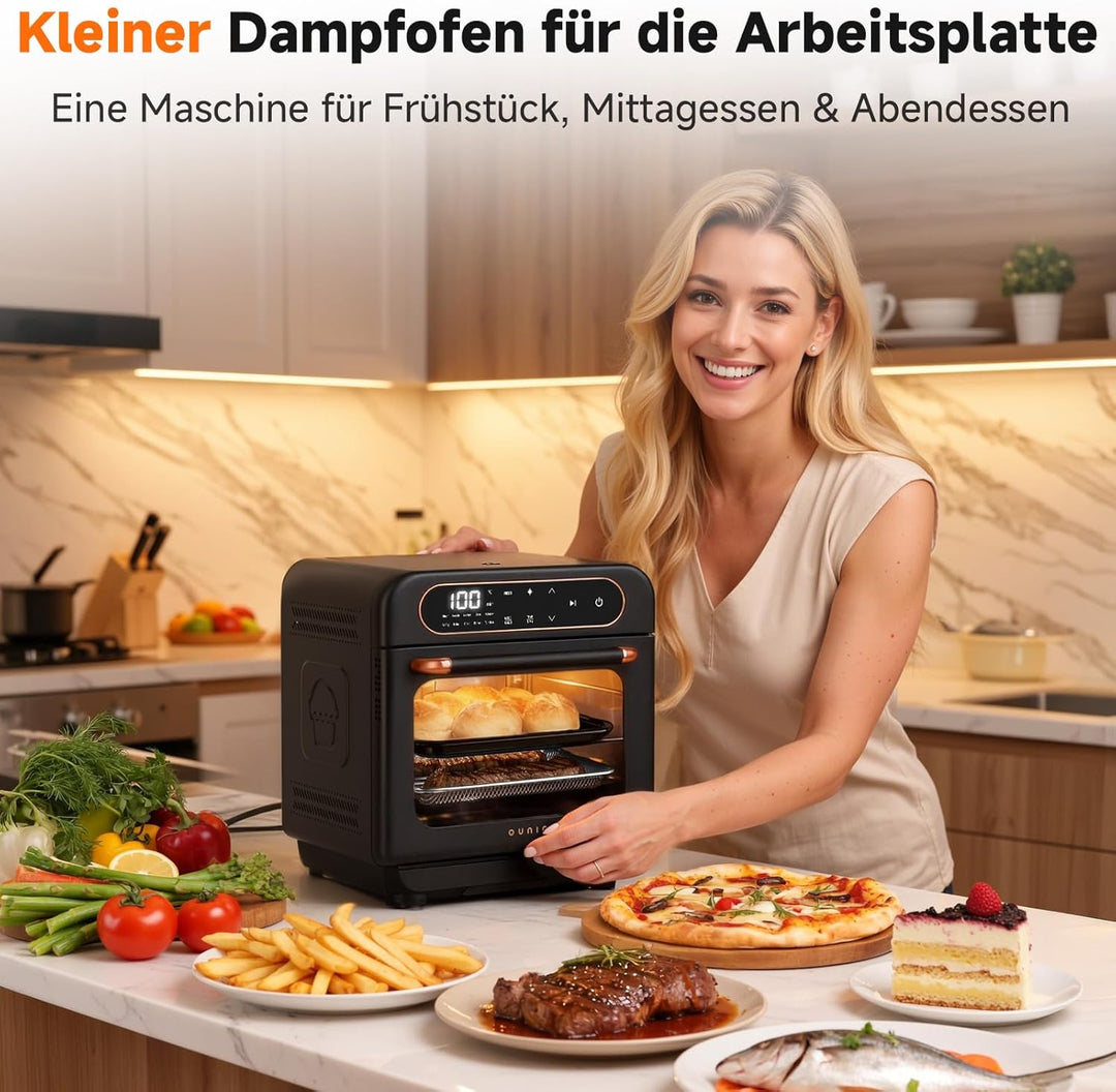 OUNIN 12L Vielseitig Airfryer Backofen, 8-in-1-Heissluftfritteuse, Zweizonen-Kochung, Minibackofen m