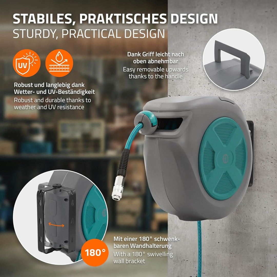 ECD Germany Druckluftschlauchtrommel 15m+1,5m, Automatischer Aufroller mit Arretierfunktion, Schnell